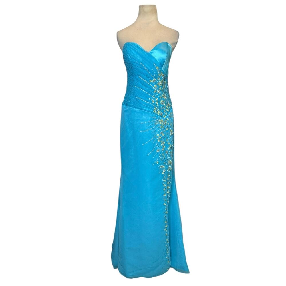 Flirt by Maggie Sottero blue strapless embellished formal dress size 10
